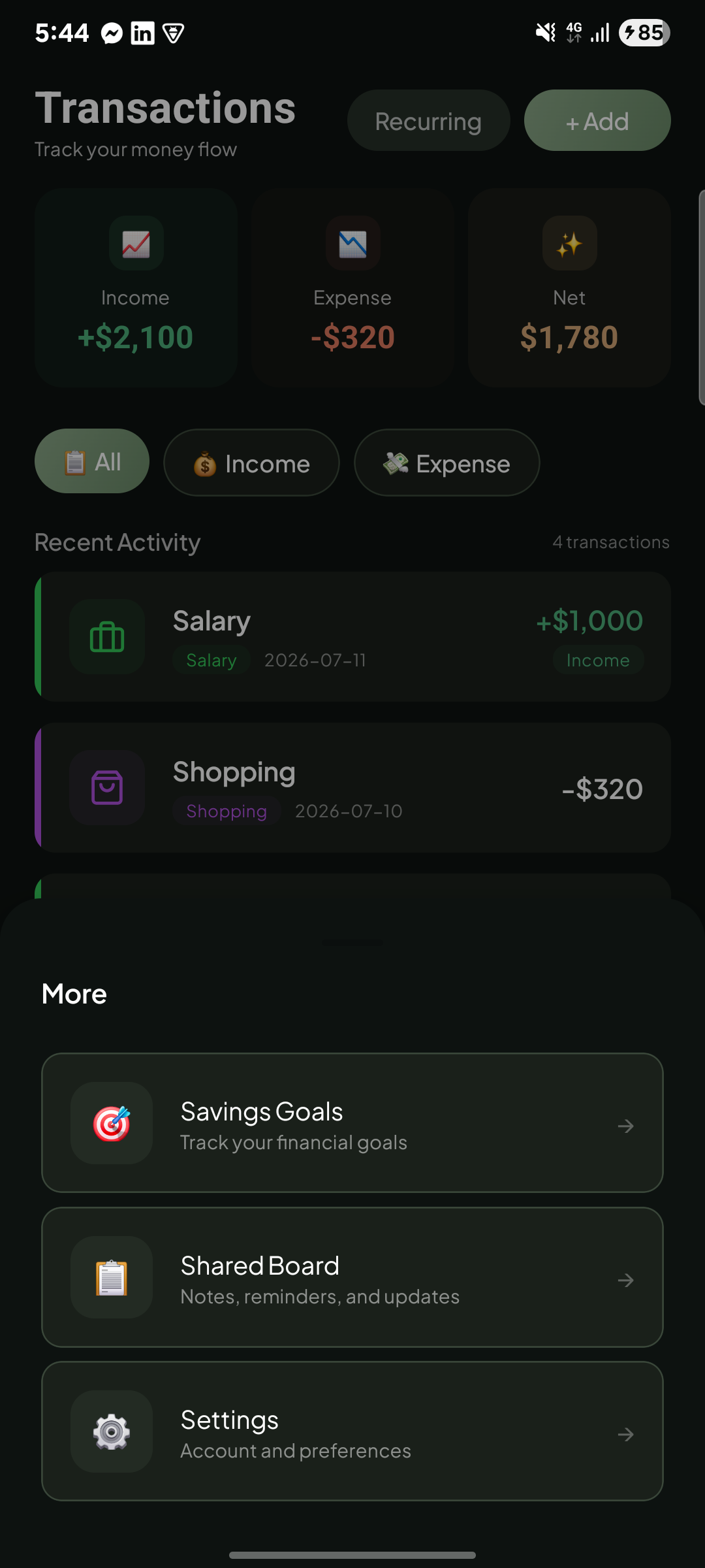 CalmMoney transactions and more screens
